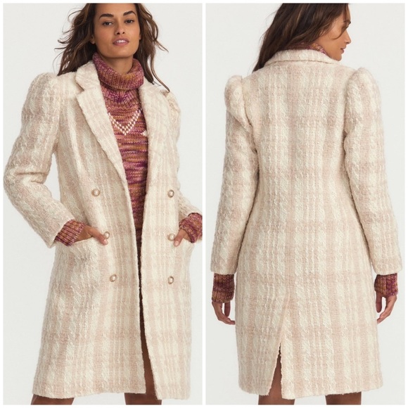 [🌟 PRICE FIRM] LoveShackFancy Plaid Tweed Pearl Button Long Trench Coat - Picture 1 of 16
